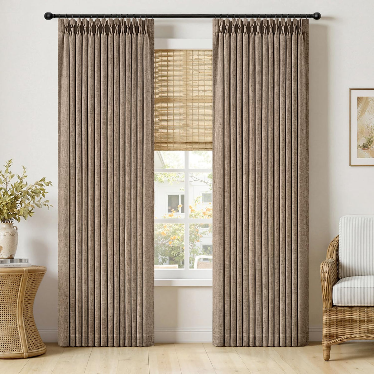 MIULEE Pinch Pleated Thick Linen Curtains 36 Inches Long 2 Panels Natural