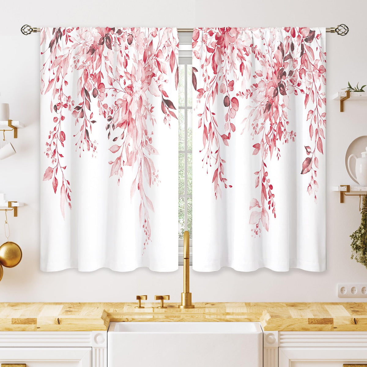Eucalyptus Botanical Leaves Floral Kitchen Window Curtains Over Sink Boho Farmhouse Flower Leaf Small Window Treatment Sage Green Cafe Short Curtains for Bathroom Tier Drapes 27.5x39 inch