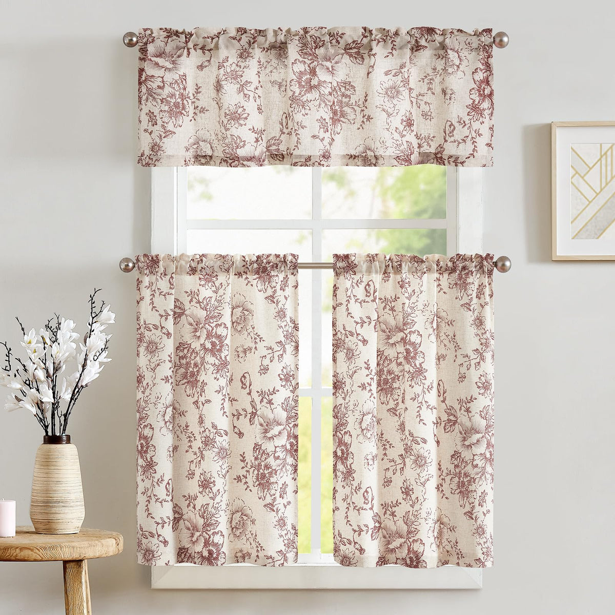 jinchan Green Linen Floral Kitchen Tier Curtains and Valance Set 3 Pieces