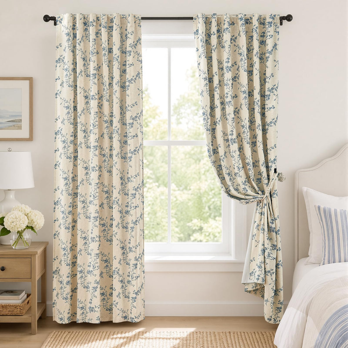 Lazzzy Green Vintage Floral Linen Curtains Farmhouse 26W X 36L 2 Panels