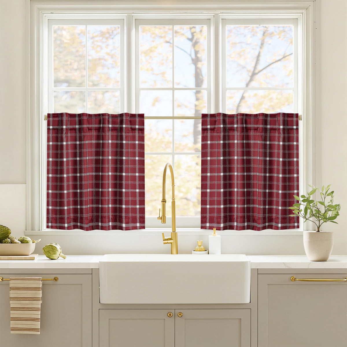 NICETOWN Olive Green Farmhouse Gingham Tiers Kitchen 100% Blackout Curtains