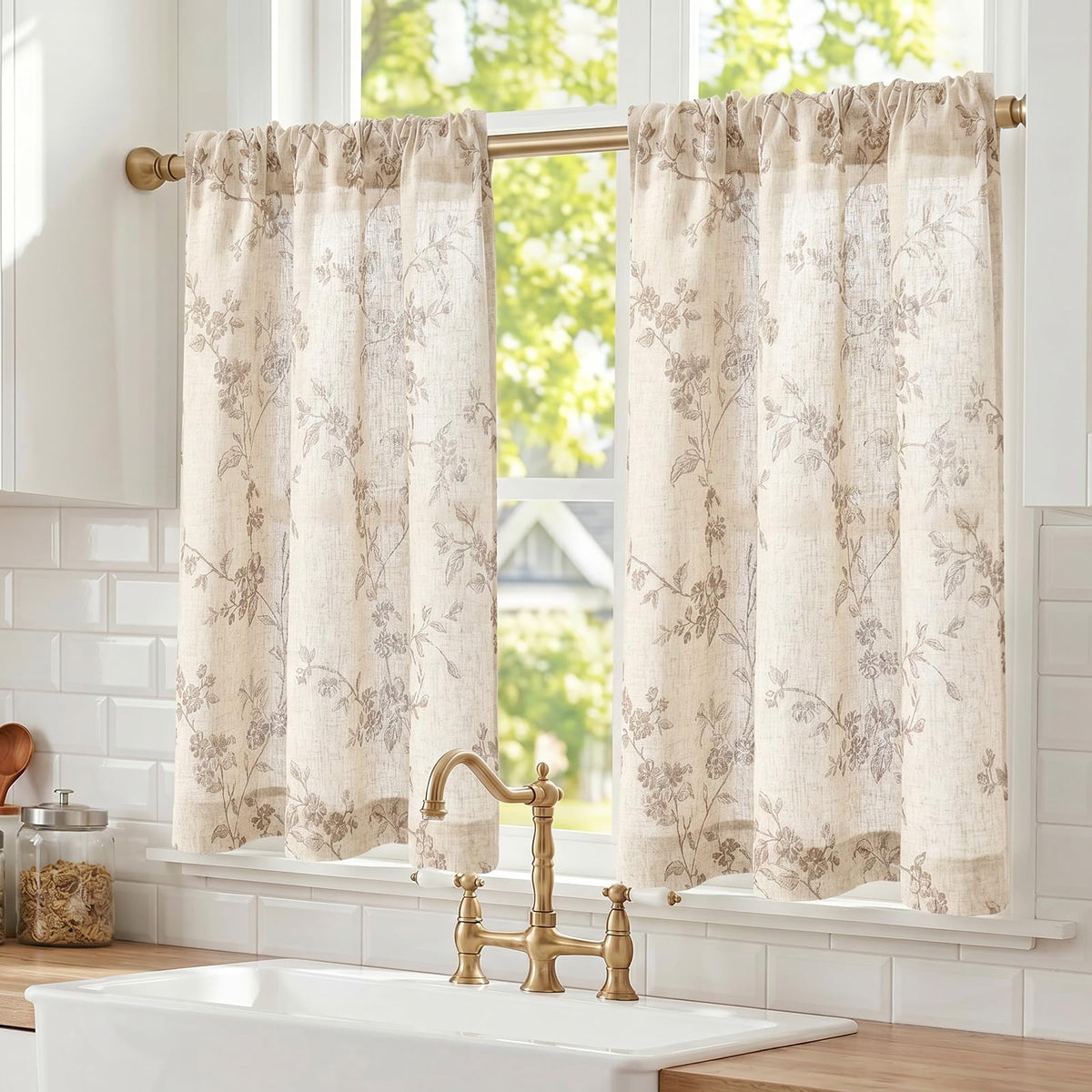 Lazzzy Green Vintage Floral Linen Curtains Farmhouse 26W X 36L 2 Panels