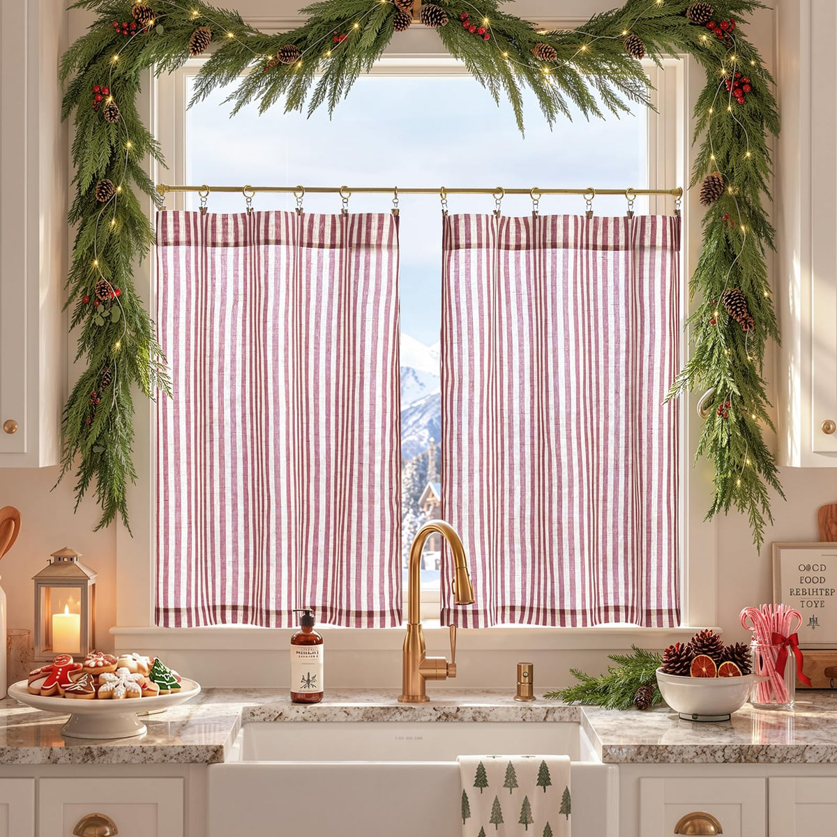 jinchan Striped Linen Kitchen Tier Curtains, 30 Inch, Sage Green, 2 Panels