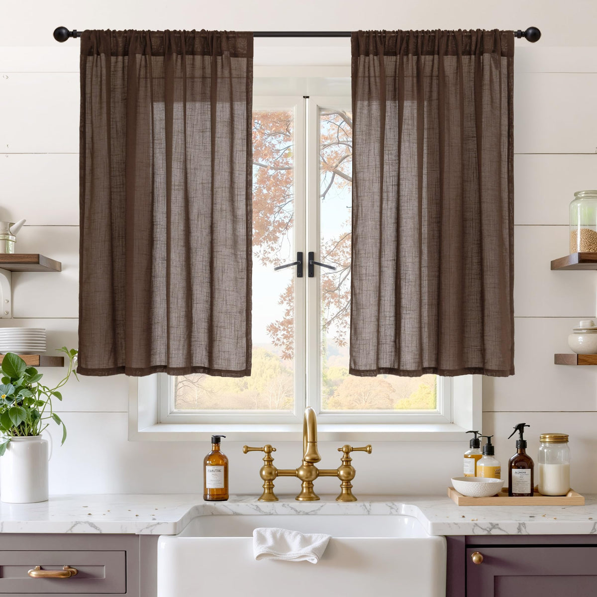 BGment Linen Kitchen Window Curtains Over Sink, 36 Inch Length Cafe Drapes