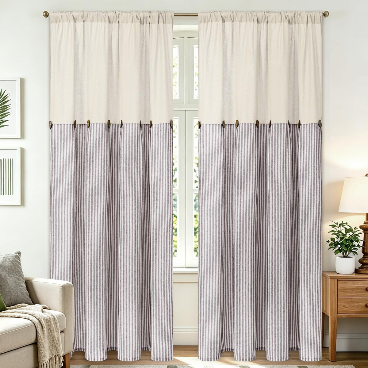 BLEUM CADE Farmhouse Kitchen Curtains 36 Inch, Cotton Linen Cafe Curtains with Rustic Buttons, Boho Small Window Curtains for Bathroom, Green Stripe Half Window Drapes Over Sink, 2 Panels