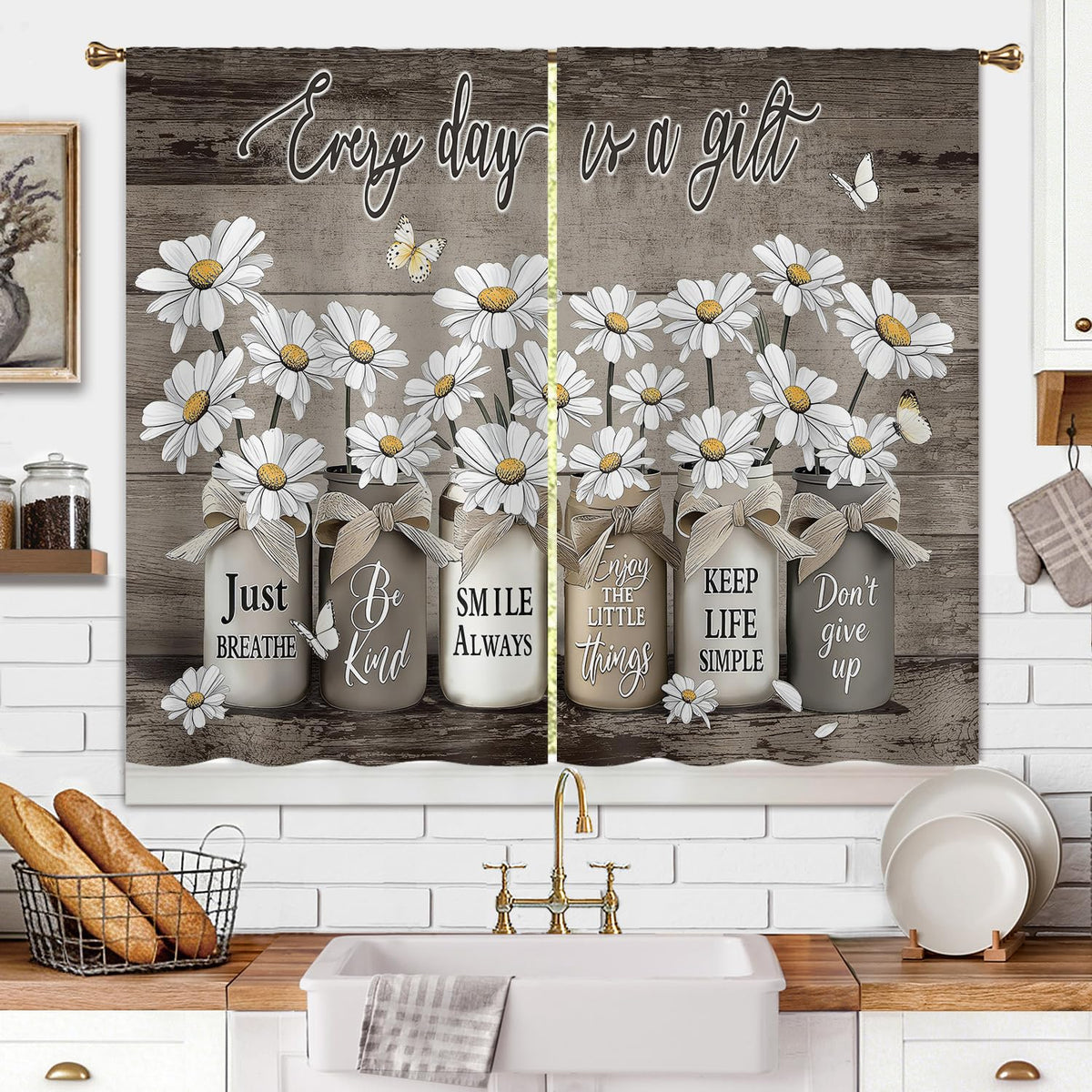 Farmhouse Sunflower Kitchen Curtain Rustic Small Short Cafe Window Curtains Country Wooden Barn Inspirational Bathroom Window Drapes Treatment Tier Curtains 2 Panels (27.5x39 Inch)
