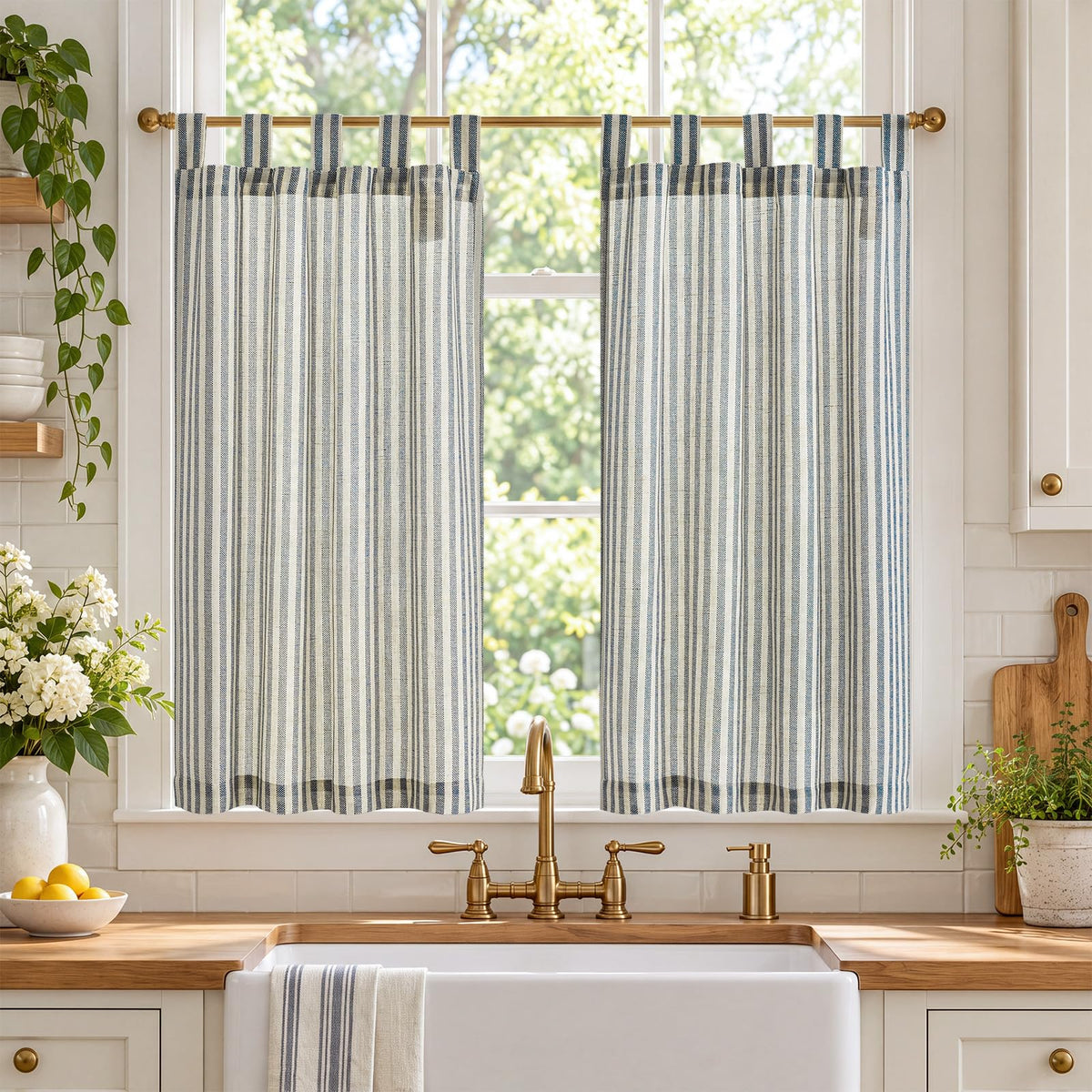 jinchan Striped Linen Kitchen Tier Curtains, 20 Inch, Tan, 2 Panels