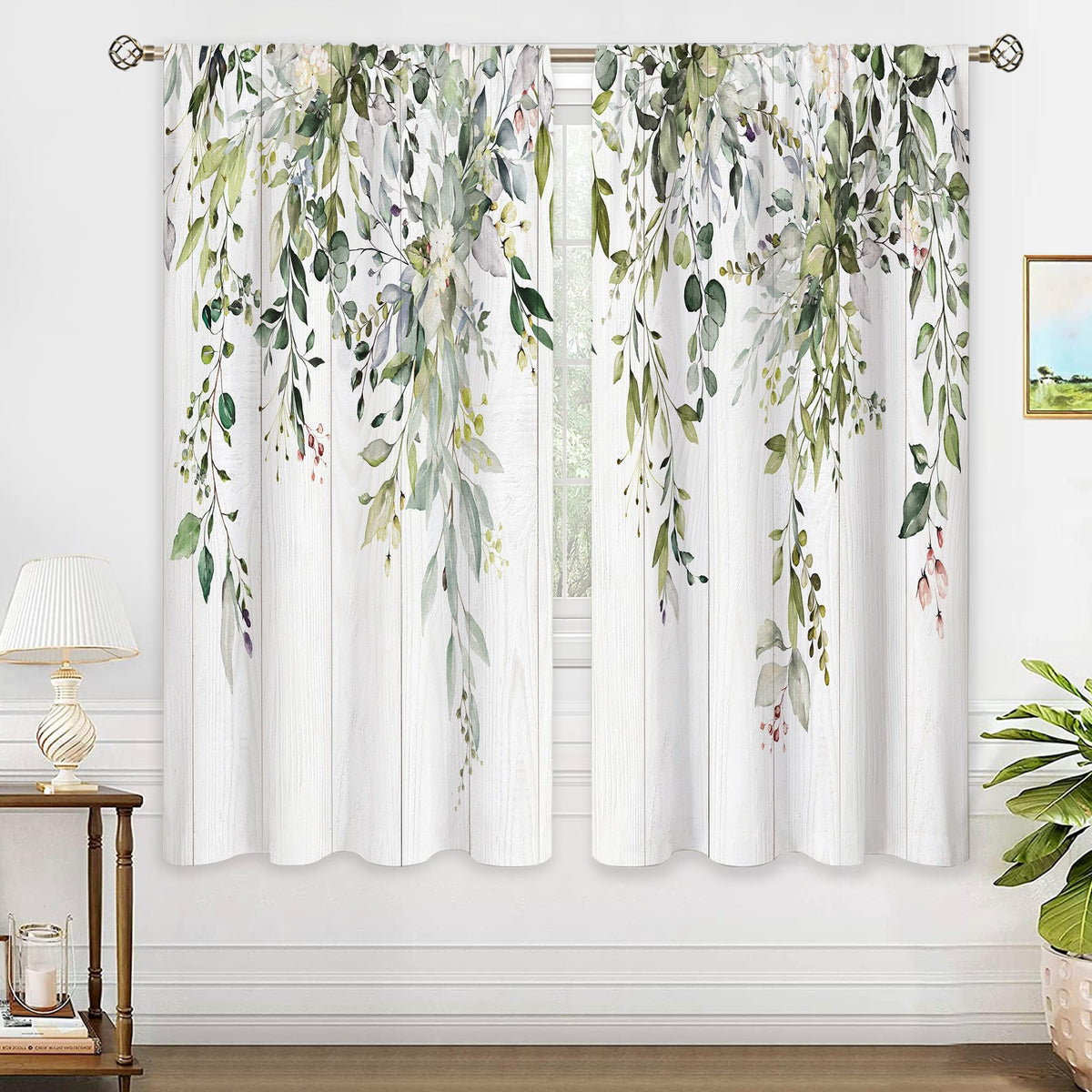 Eucalyptus Botanical Leaves Floral Kitchen Window Curtains Over Sink Boho Farmhouse Flower Leaf Small Window Treatment Sage Green Cafe Short Curtains for Bathroom Tier Drapes 27.5x39 inch