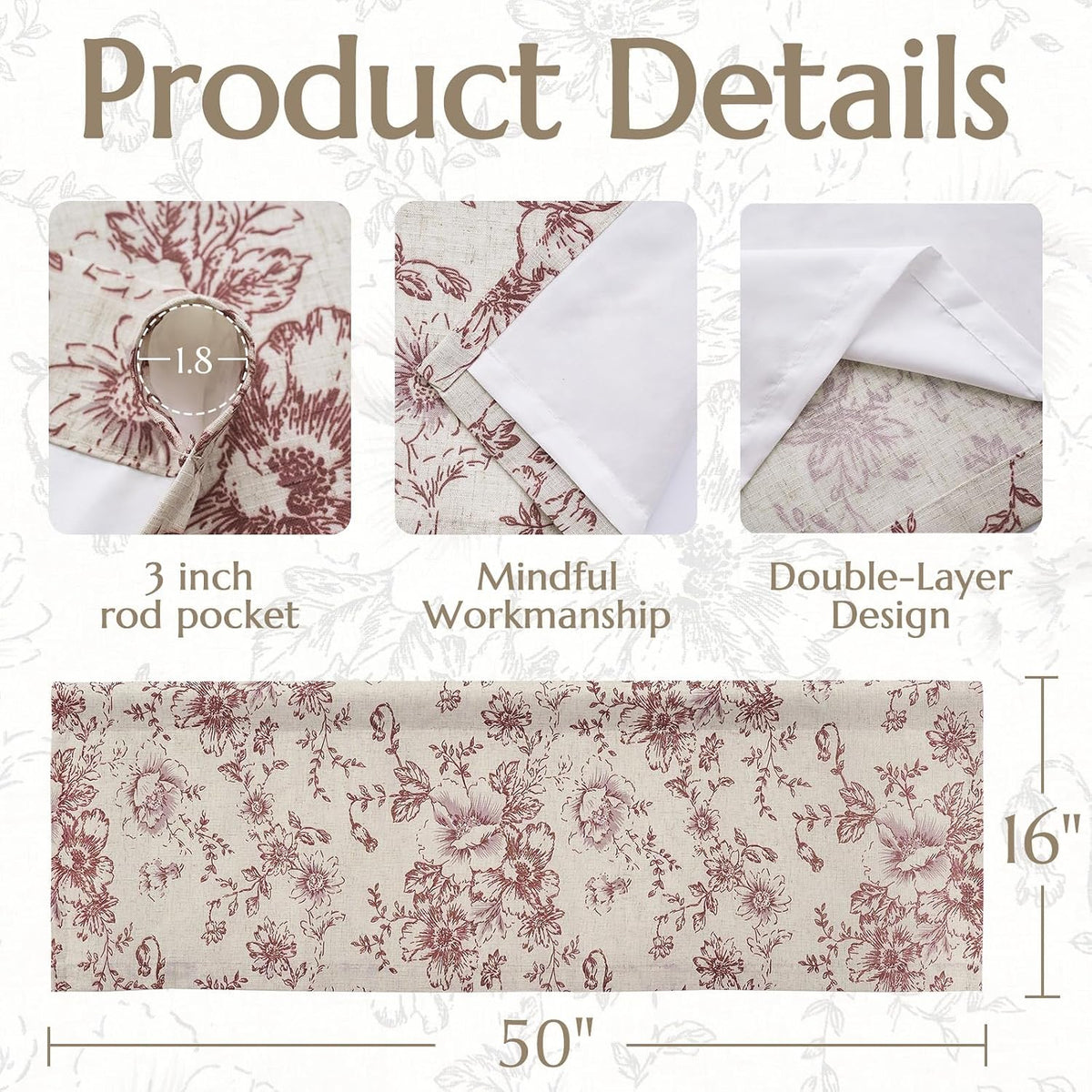 jinchan Linen Kitchen Valance with Lined Floral Valance Curtain 16 Inch Farmhouse Red Peony Flower Printed Curtain for Windows Living Room French Retro Patterned Rod Pocket 1 Panel Red on Beige
