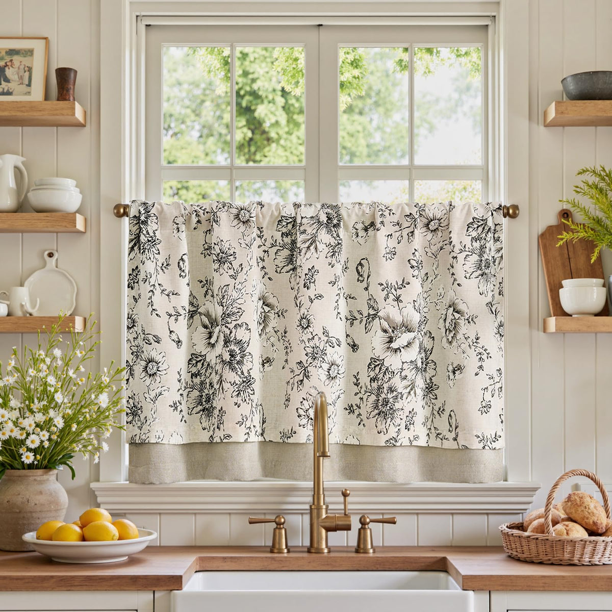 jinchan Hattie Floral Linen Kitchen Tier Curtains Beige 36 in 2 Panels