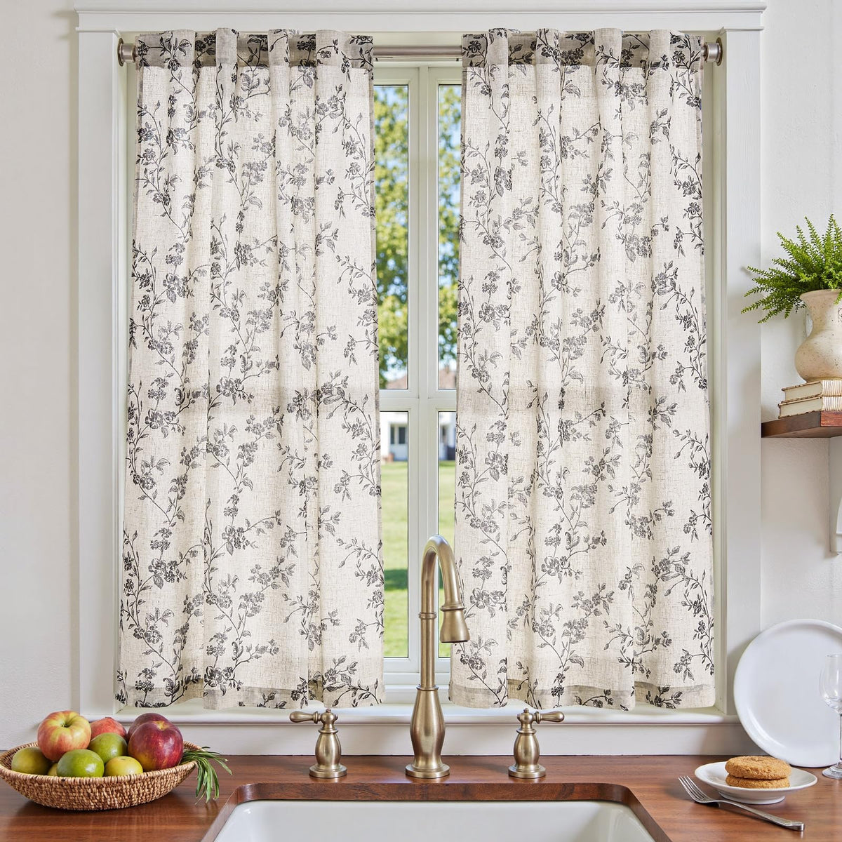 jinchan Floral Linen Kitchen Tier Curtains, 36 Inch, 2 Panels, Taupe