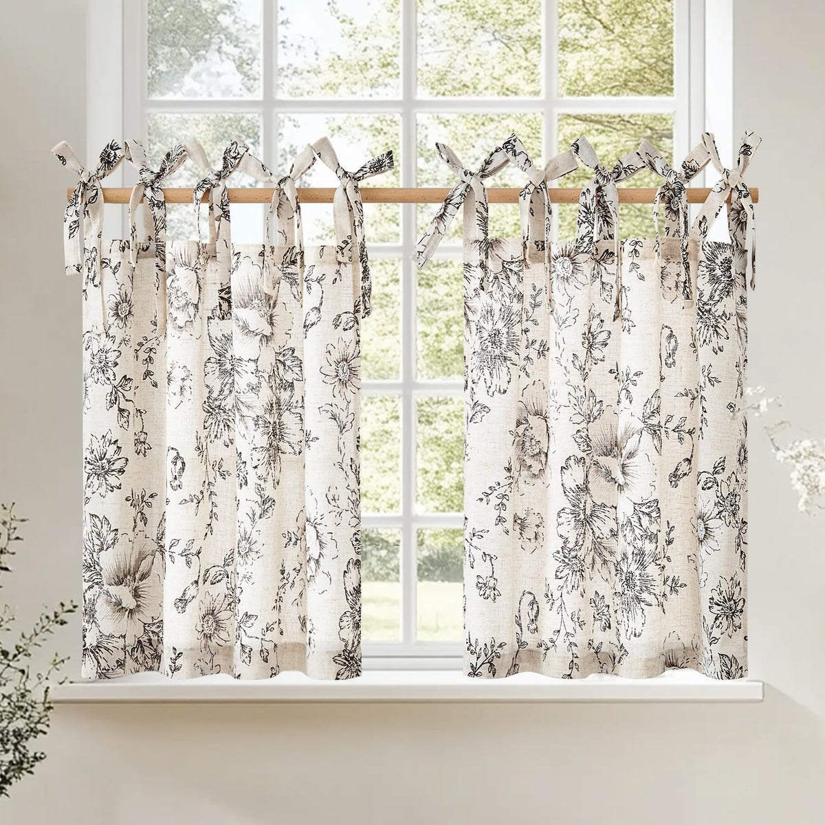 jinchan Solid Linen Kitchen Tier Curtains 24 Inches Tie Top 2 Panles Crude