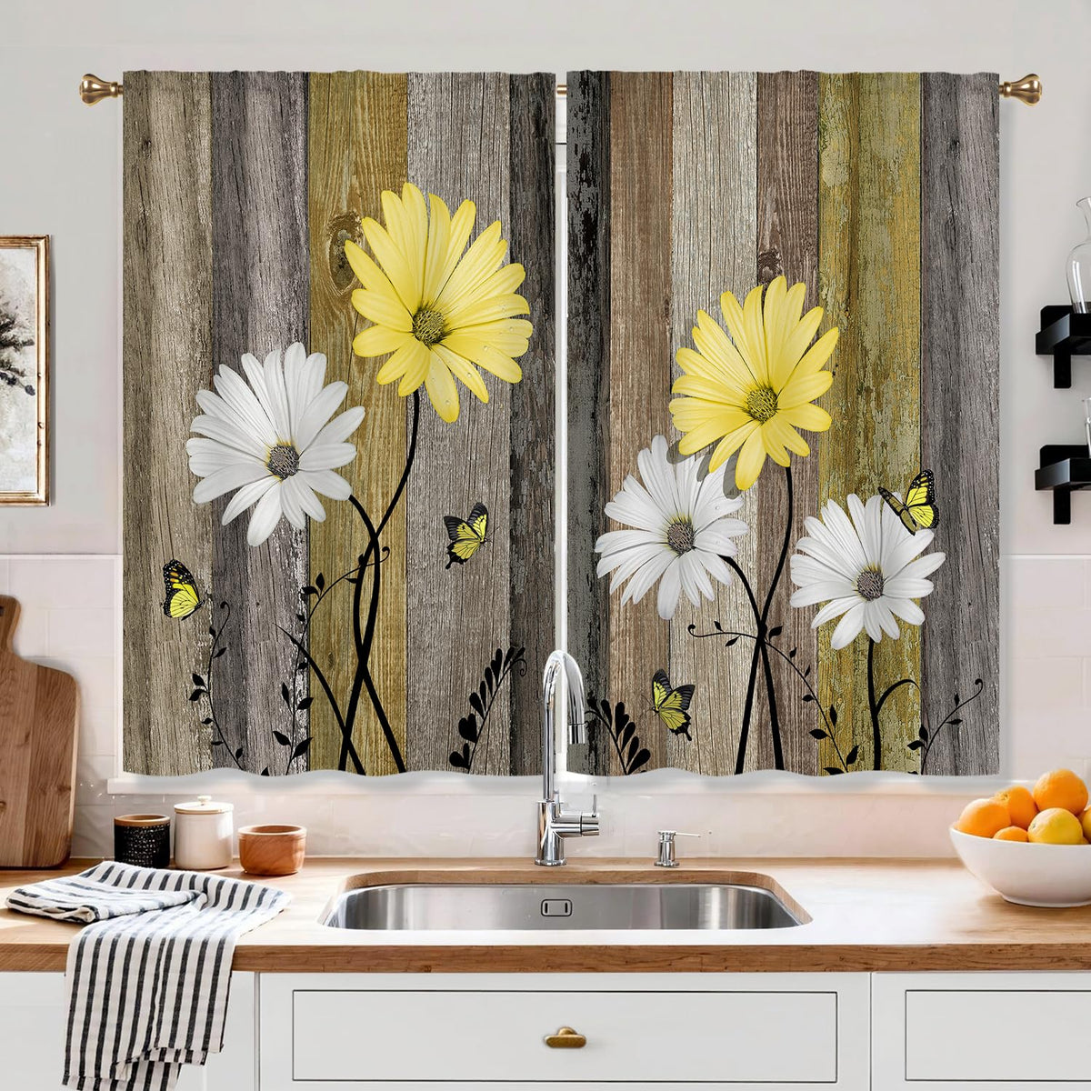 Farmhouse Sunflower Kitchen Curtain Rustic Small Short Cafe Window Curtains Country Wooden Barn Inspirational Bathroom Window Drapes Treatment Tier Curtains 2 Panels (27.5x39 Inch)