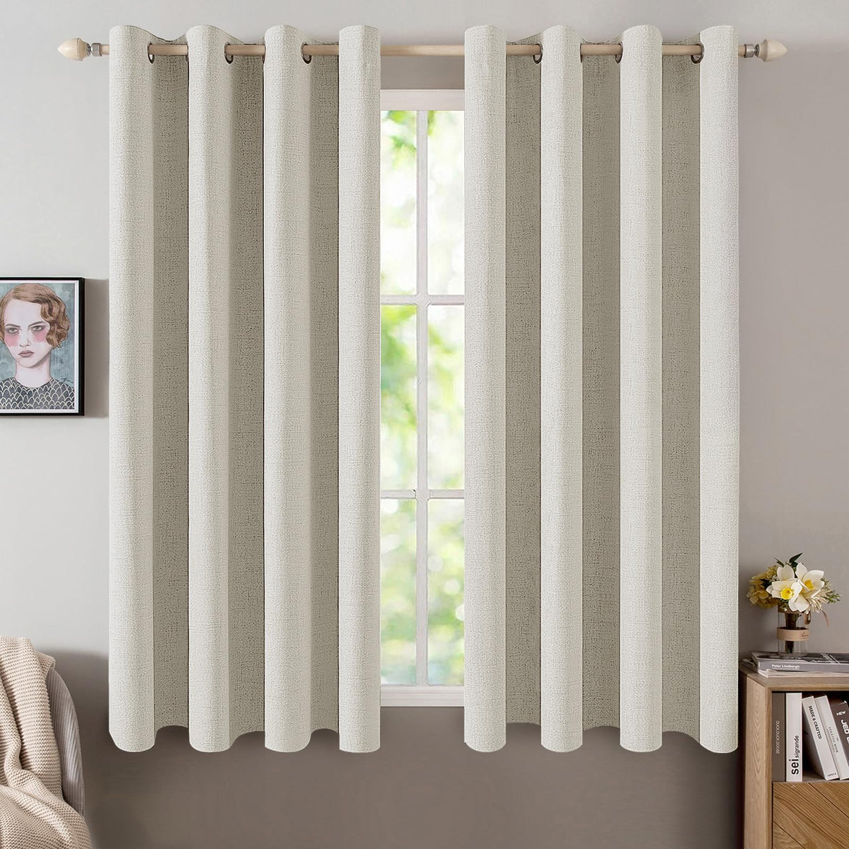 MIULEE 100% Blackout Linen Curtains for Bedroom 52x54 Inches Natural Beige