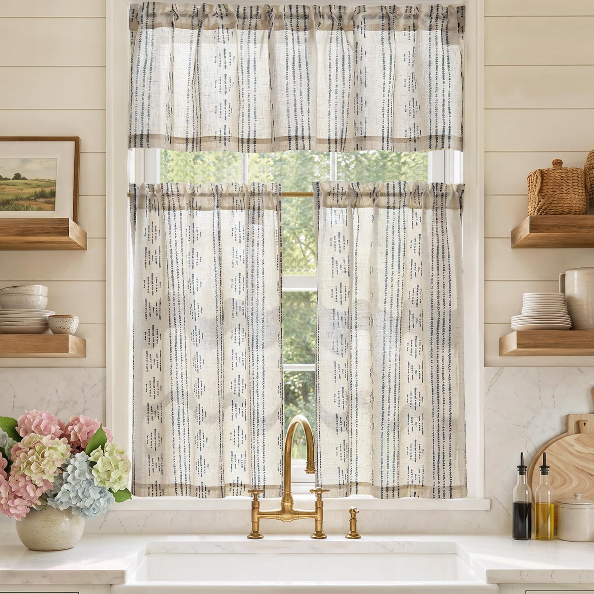 jinchan Sage Green Linen Kitchen Curtains and Valance Set Rod Pocket