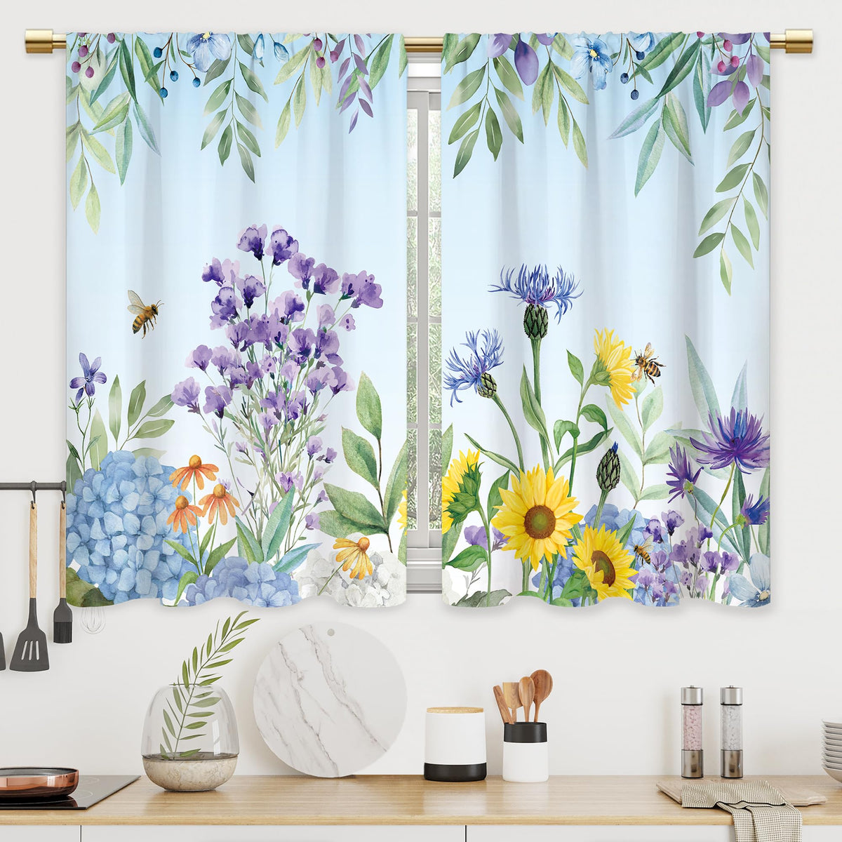 Colorful Leaves Kitchen Curtains Boho Botanical Bathroom Curtains Window Treatment Drapes Tier Flower Floral Cafe Small Bedroom Short French Door Curtains Rod Pocket 2 Panels 27.5x39 Inch