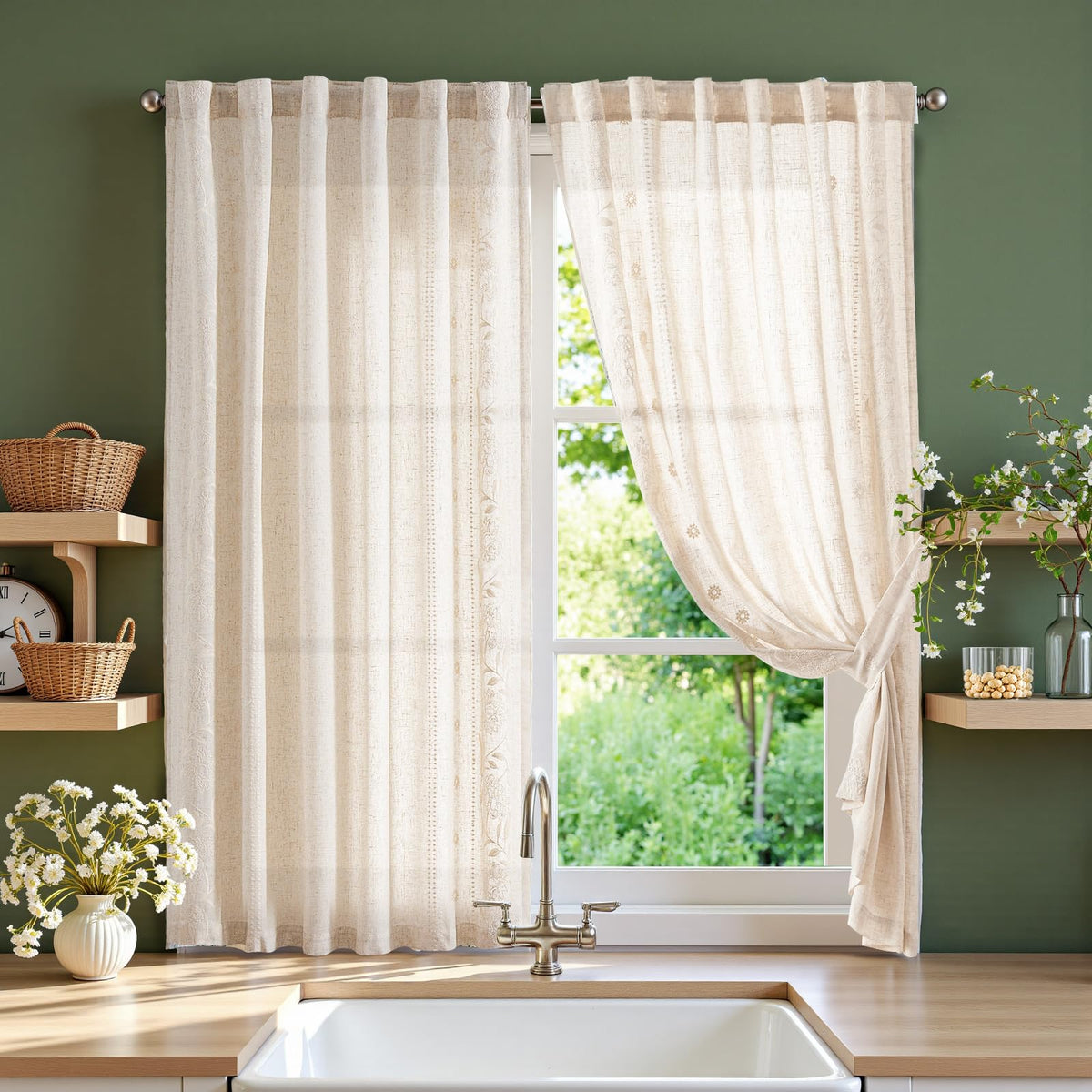jinchan Beige Floral Linen Kitchen Tier Curtains 50x54 Inch 2 Panels