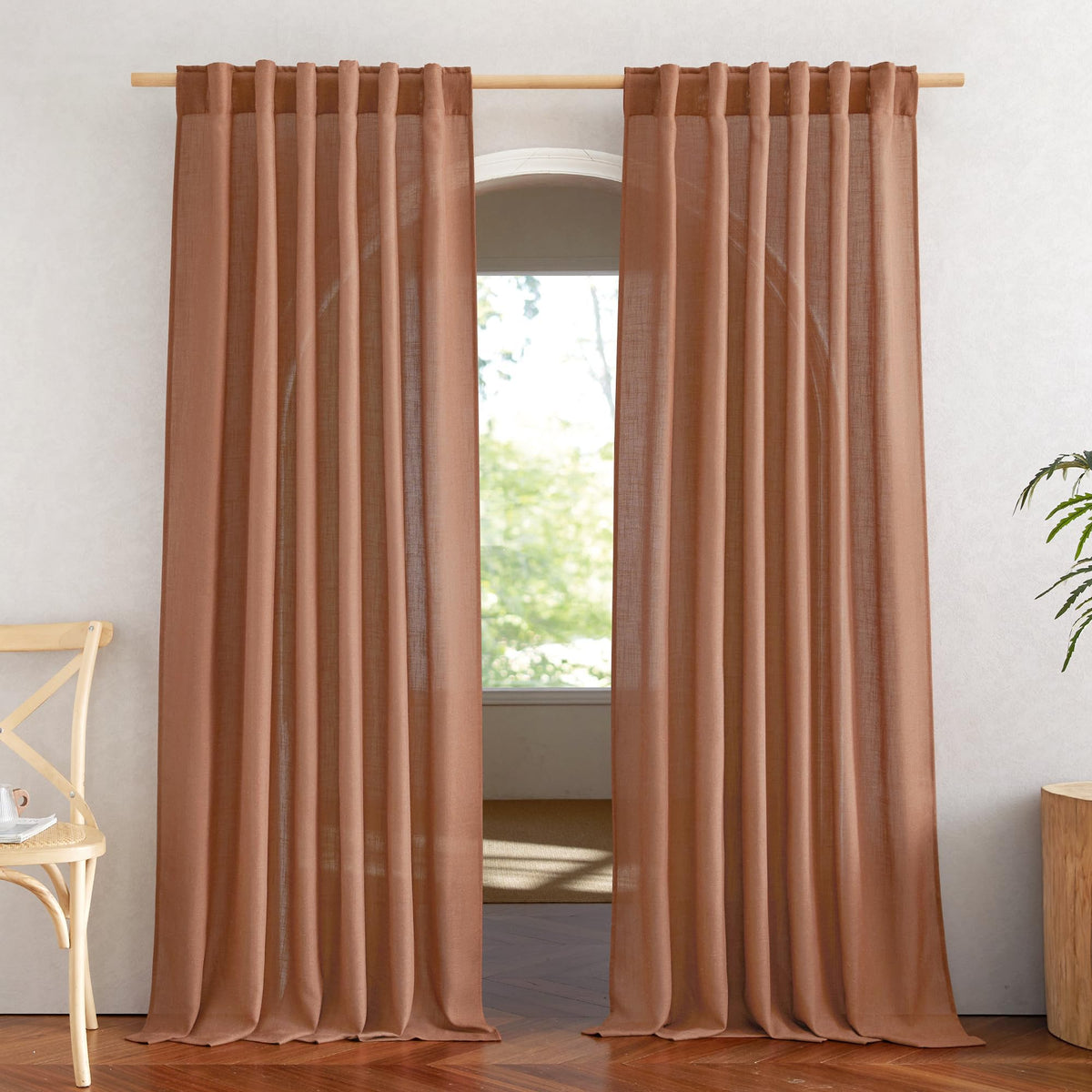 NICETOWN Natural Linen Kitchen Curtains 26 inches Long, Rod Pocket & Back Tab Semi Sheer Flax Window Treatments Rustic & Cute for Cafe/Kids Room, W37 x L26, 2 Panels