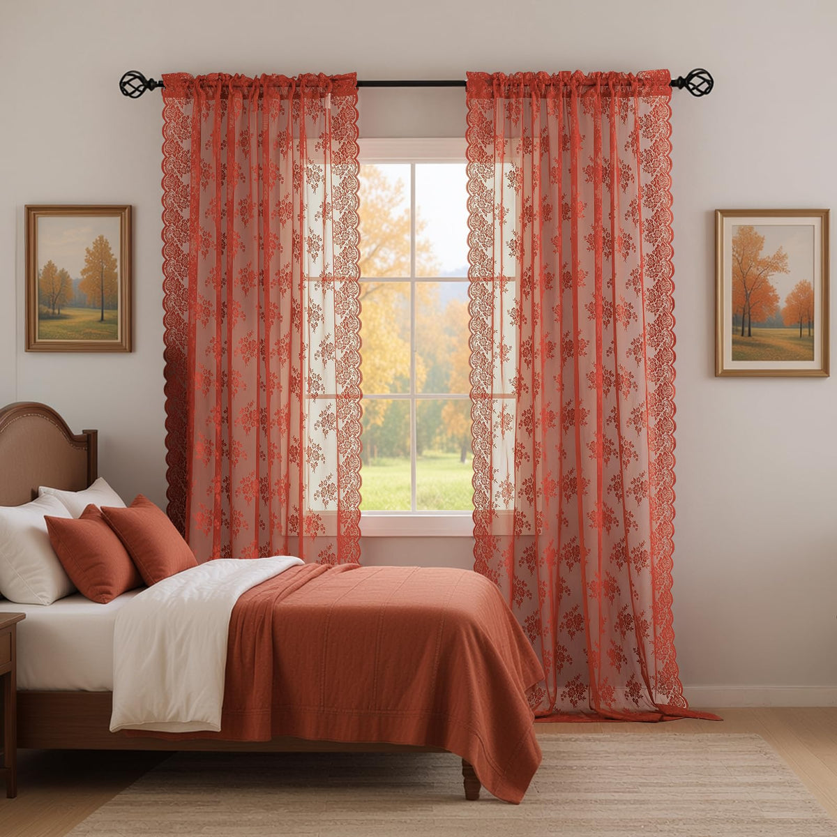 Kotile Short Beige Lace Curtains for Kitchen Windows W42xL45 Inch, 2 Panels
