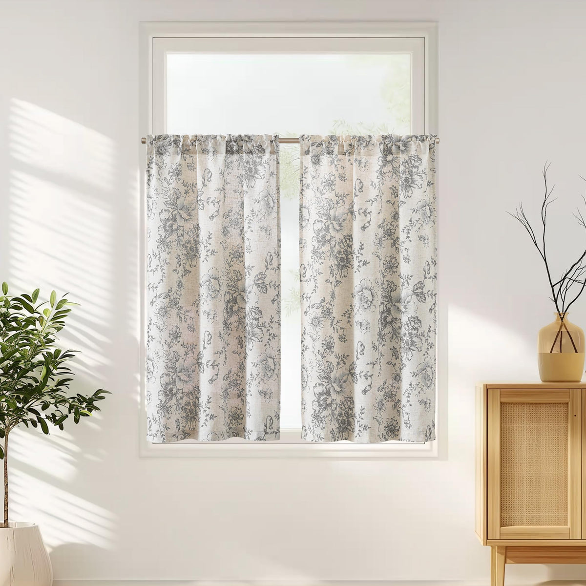 jinchan Hattie Floral Linen Kitchen Tier Curtains Beige 30 in 2 Panels