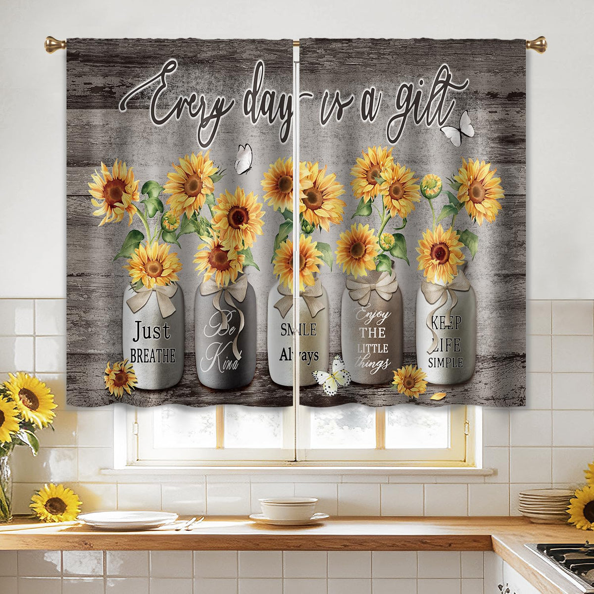 Farmhouse Sunflower Kitchen Curtain Rustic Small Short Cafe Window Curtains Country Wooden Barn Inspirational Bathroom Window Drapes Treatment Tier Curtains 2 Panels (27.5x39 Inch)