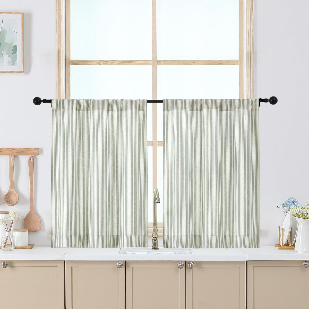 Chyhomenyc Striped Short Curtains 36 Inch Length - Light Filtering Faux Linen Living Room Tier Half Window Curtains, Farmhouse Modern Boho Curtain for Bathroom, 30Wx36L, 2 Pieces, Stone Blue