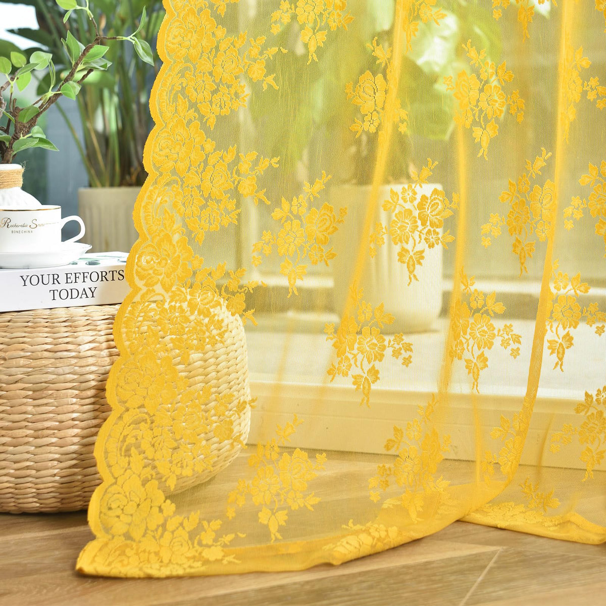 Kotile Short Beige Lace Curtains for Kitchen Windows W42xL45 Inch, 2 Panels