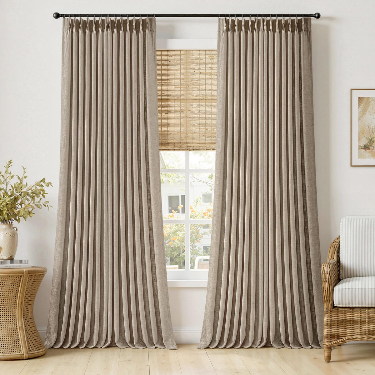 MIULEE Pinch Pleated Thick Linen Curtains 36 Inches Long 2 Panels Natural