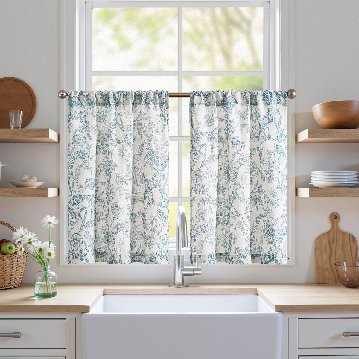 jinchan Floral Kitchen Tier Curtains 24 Inch 2 Panels Sage Green on Beige