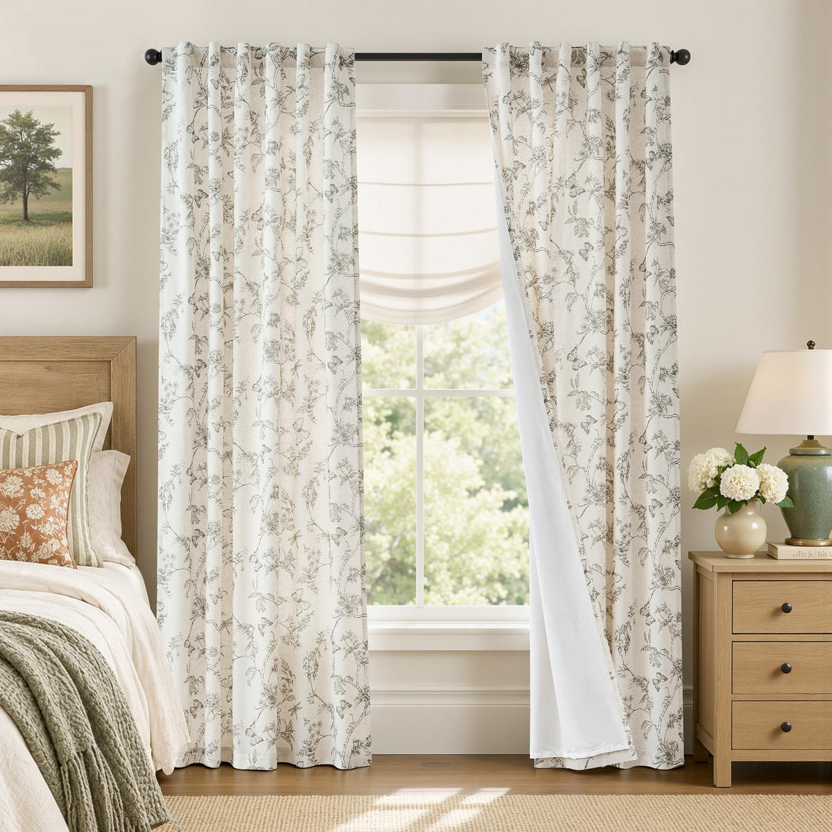 Lazzzy Green Floral Linen Curtains Farmhouse Rod Pocket 50W X 84L 2 Panels