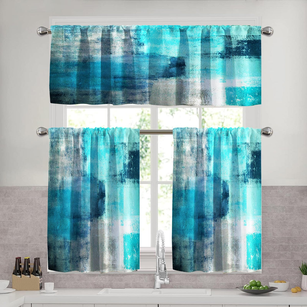 Blue Brown Kitchen Curtains Set, 3 Piece 52x36 Inch Valance & Tier Curtains