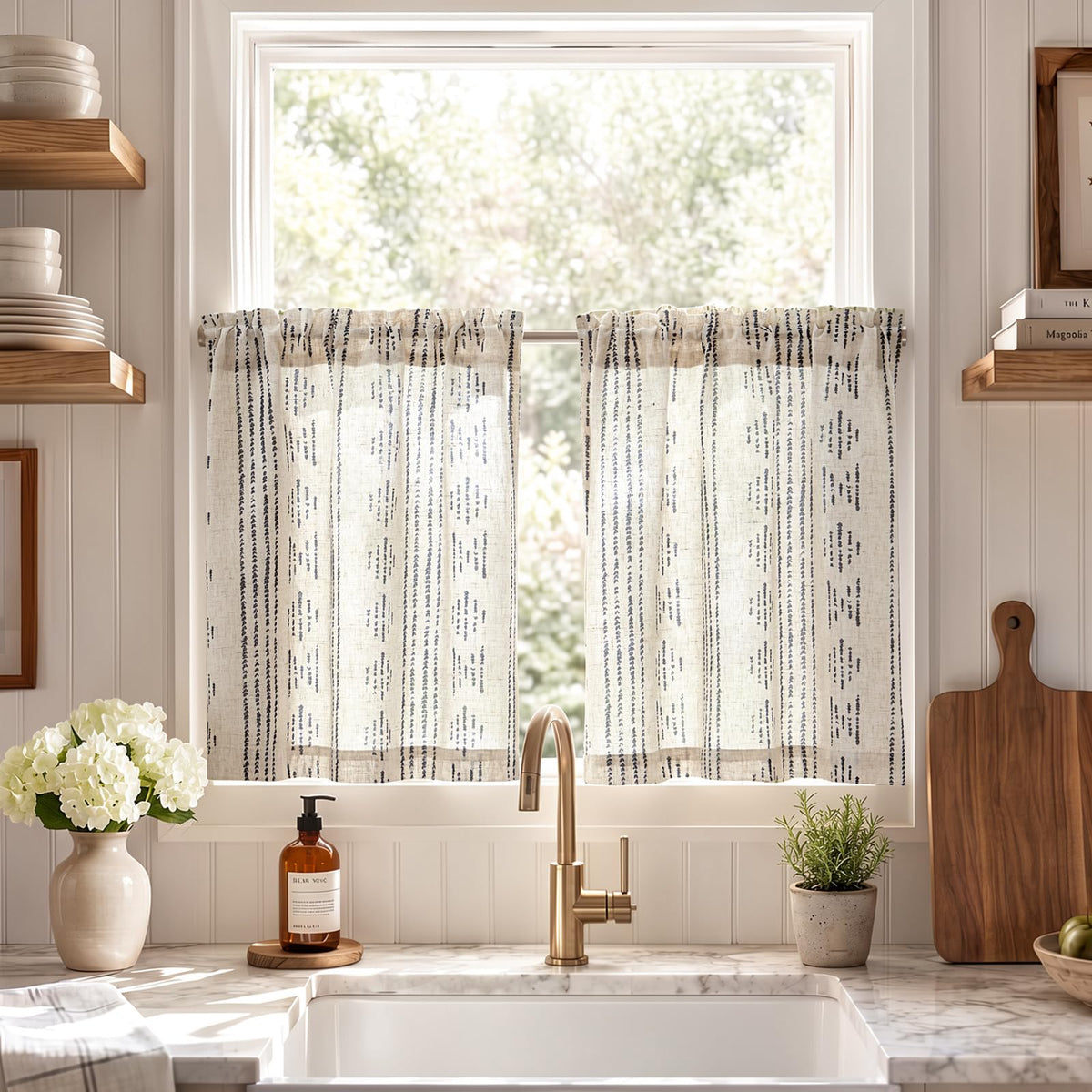 jinchan Linen Striped Tier Curtains for Kitchen Windows Farmhouse