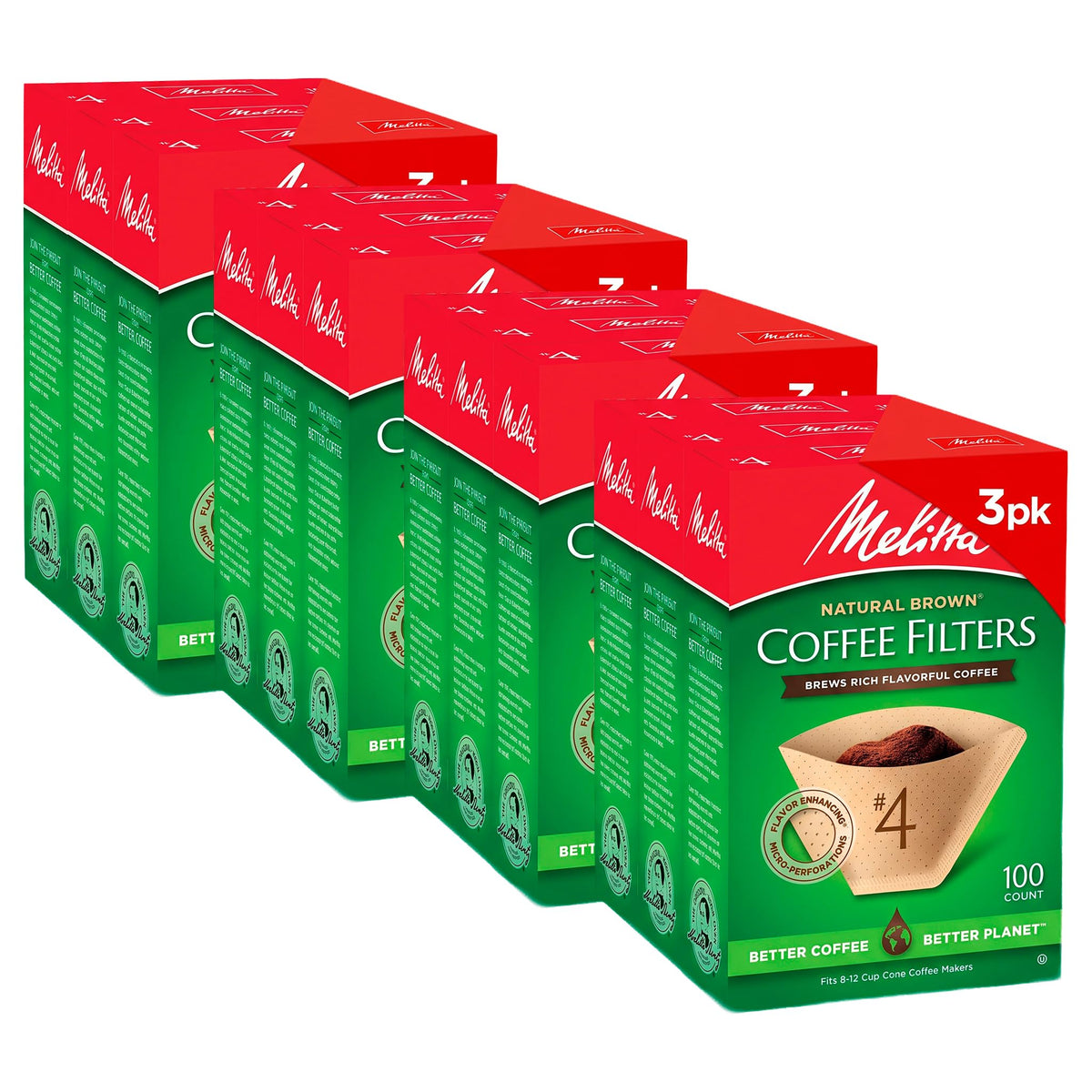 Melitta #4 Unbleached Coffee Filters, Natural Brown Cone Filters, 6-Pack