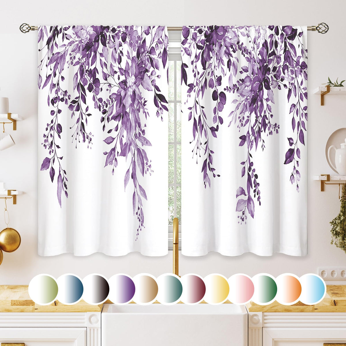 Eucalyptus Botanical Leaves Floral Kitchen Window Curtains Over Sink Boho Farmhouse Flower Leaf Small Window Treatment Sage Green Cafe Short Curtains for Bathroom Tier Drapes 27.5x39 inch