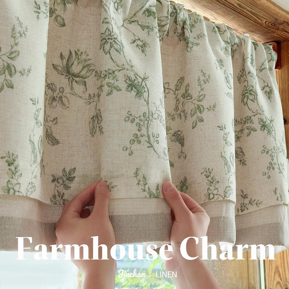 jinchan Amlie Floral Linen Valance Curtain Farmhouse 1 Panel 16 Inch Green