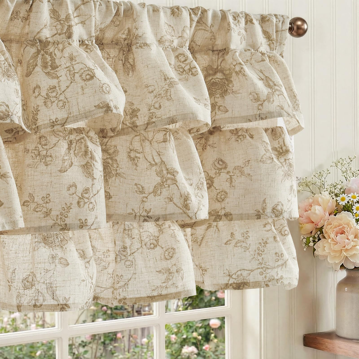 jinchan Alisa Ruffled Floral Valance Curtain 18 Inch 1 Panel Taupe on Linen