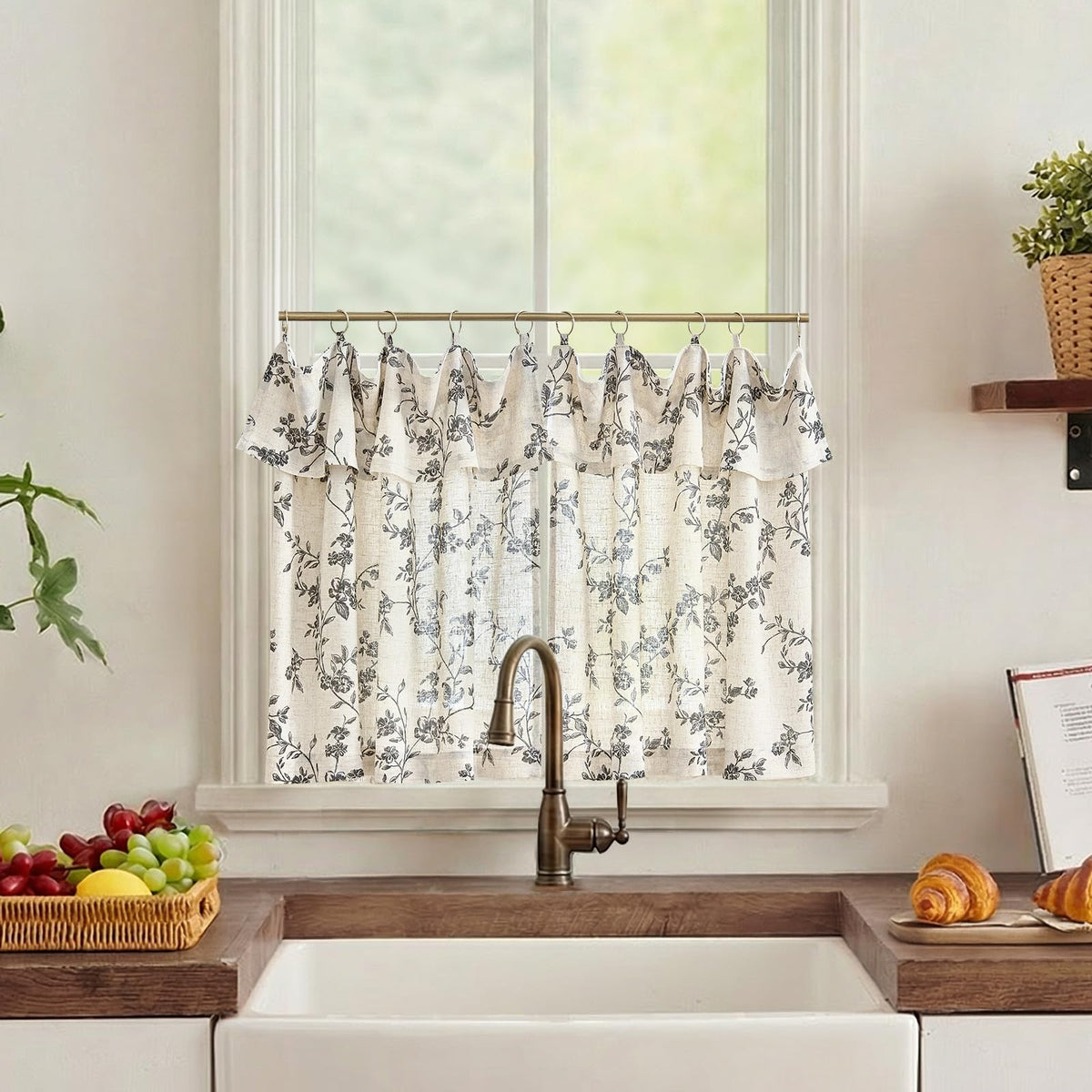 jinchan Floral Linen Kitchen Tier Curtains, 36 Inch, 2 Panels, Taupe