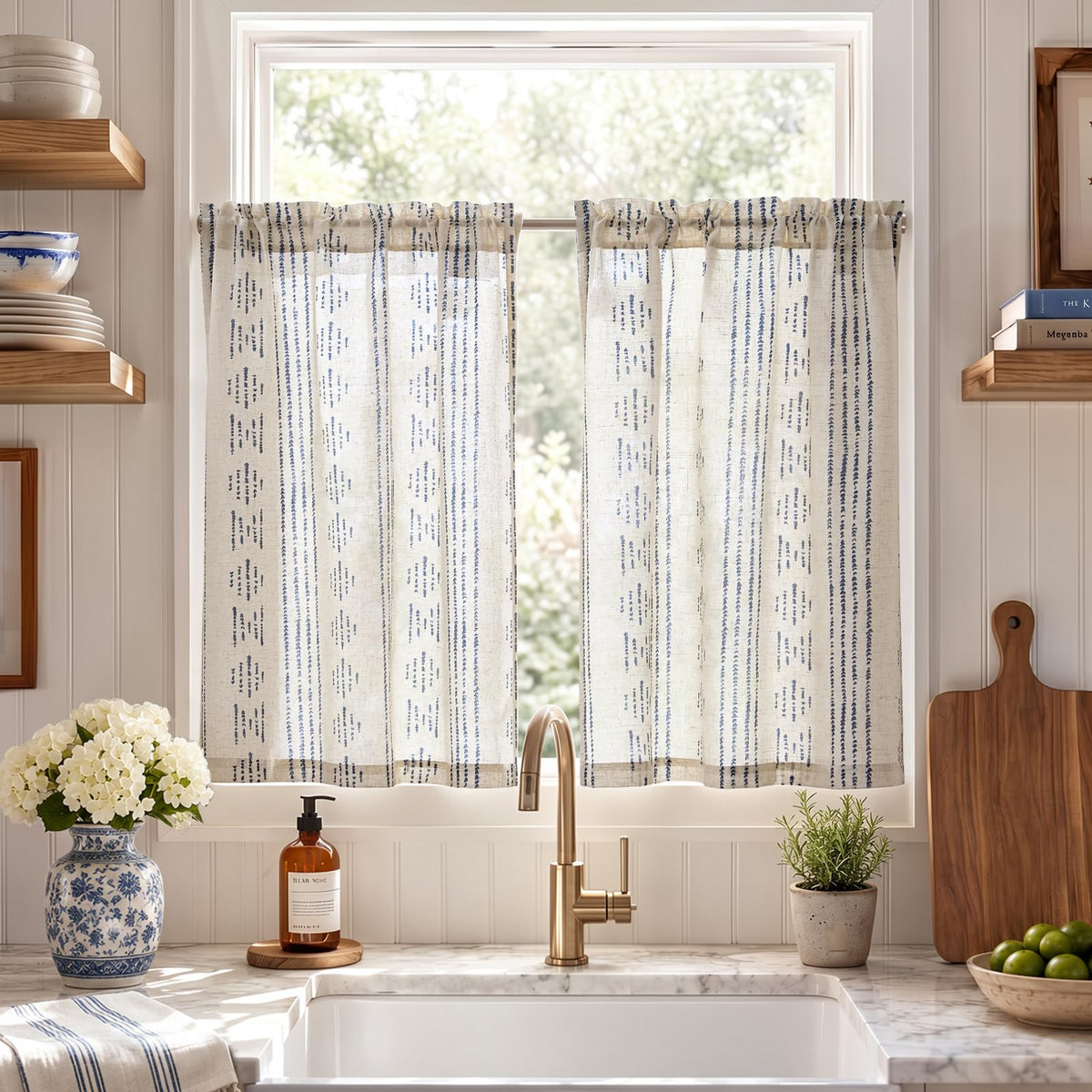 jinchan Linen Striped Tier Curtains for Kitchen Windows Farmhouse