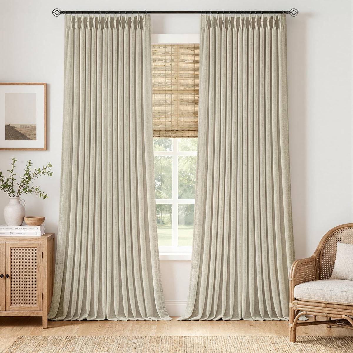 MIULEE Pinch Pleated Thick Linen Curtains 36 Inches Long 2 Panels Natural