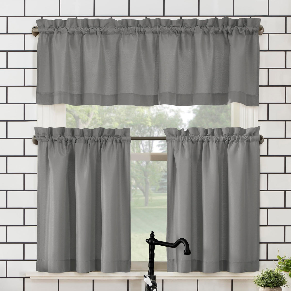 No. 918 Martine Microfiber Semi-Sheer Rod Pocket Kitchen Curtain Valance and Tiers Set, 54" x 36", Red