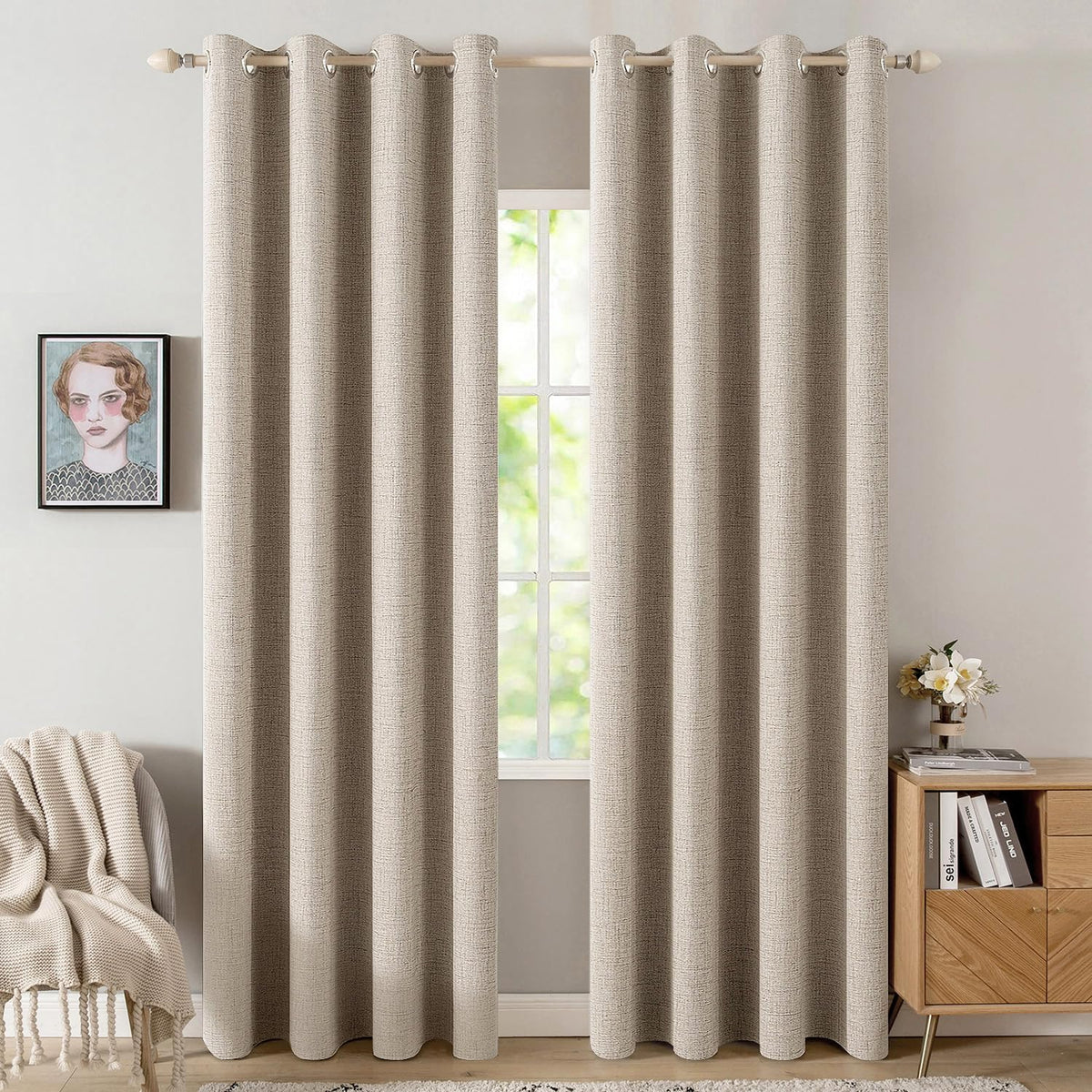 MIULEE 100% Blackout Linen Curtains for Bedroom 52x54 Inches Natural Beige