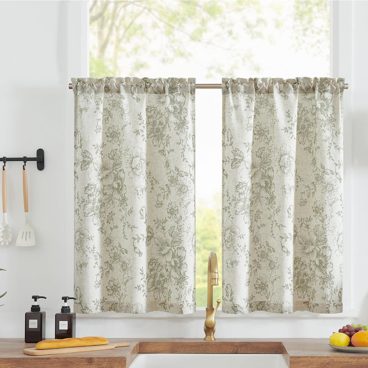 jinchan Hattie Floral Linen Kitchen Tier Curtains Beige 30 in 2 Panels