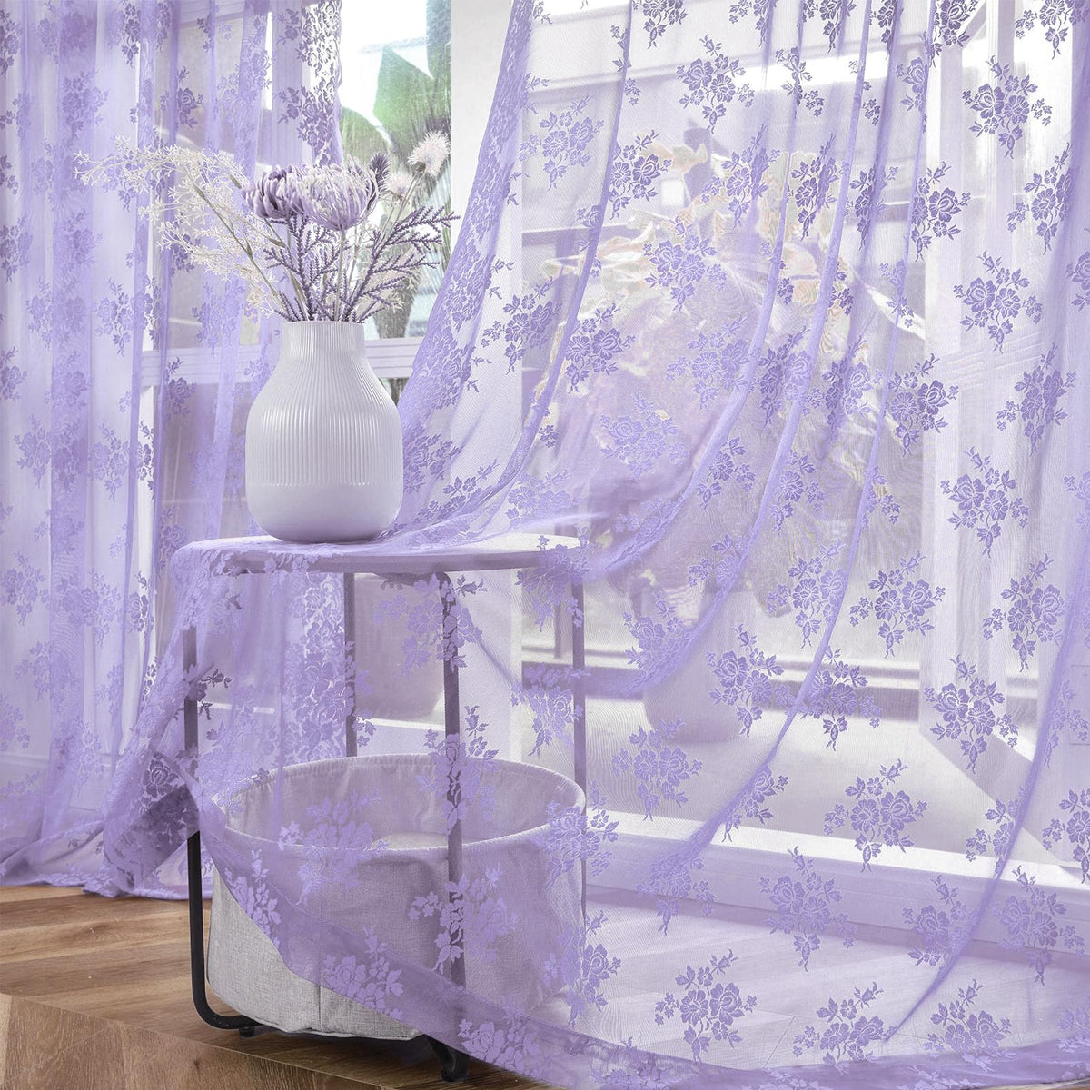 Kotile Short Beige Lace Curtains for Kitchen Windows W42xL45 Inch, 2 Panels