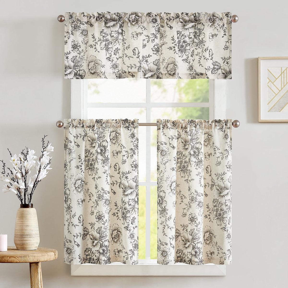 jinchan Green Linen Floral Kitchen Tier Curtains and Valance Set 3 Pieces