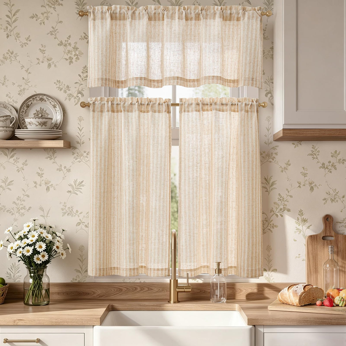 jinchan Sage Green Linen Kitchen Curtains and Valance Set Rod Pocket