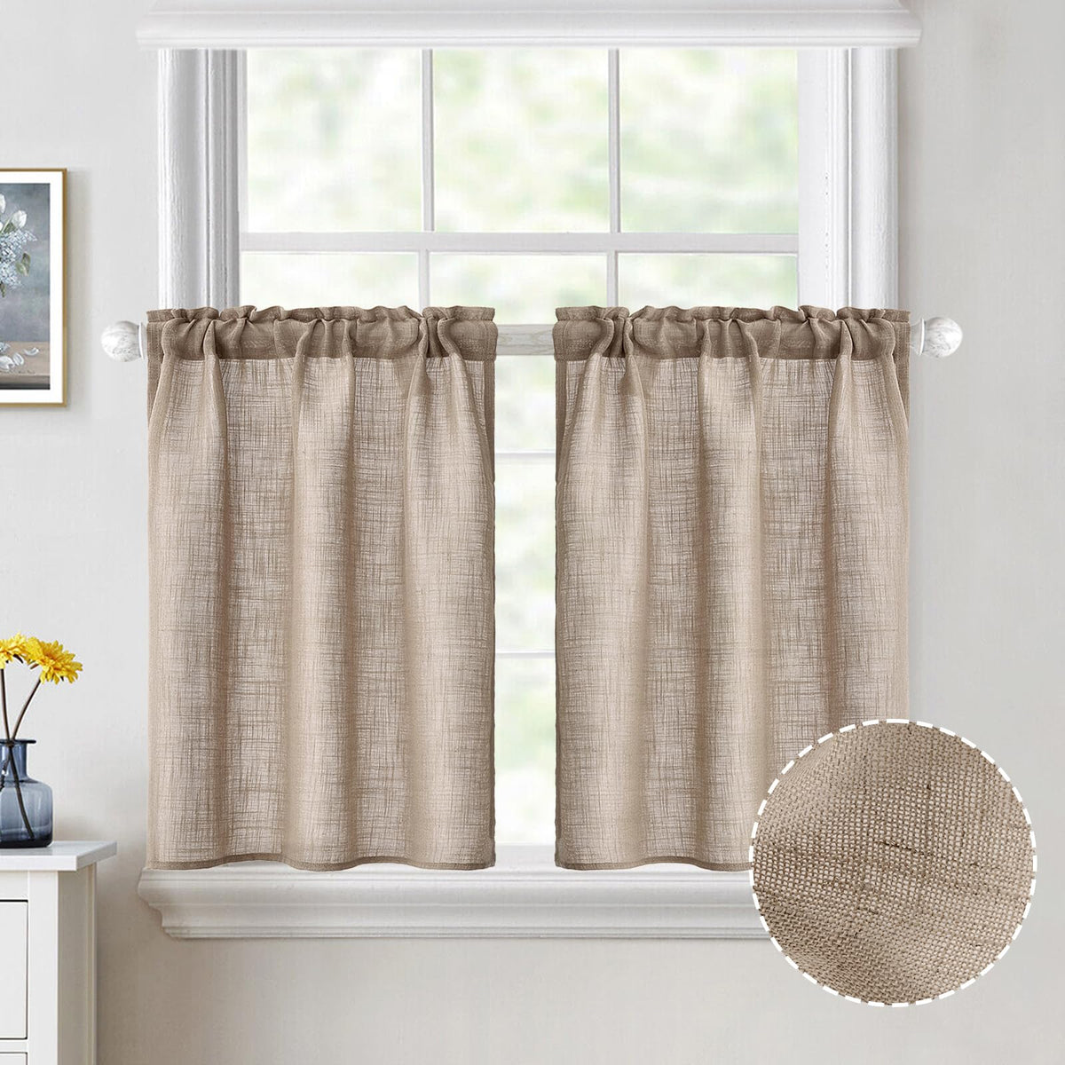 MIULEE Spring Linen Textured Kitchen Window Curtains over Sink 24 Inch Length Semi Sheer Farmhouse Small Curtains for Cafe Bathroom Basement, Short Rod Pocket Tier Curtains 2 Panels W26XL24 Sage Green