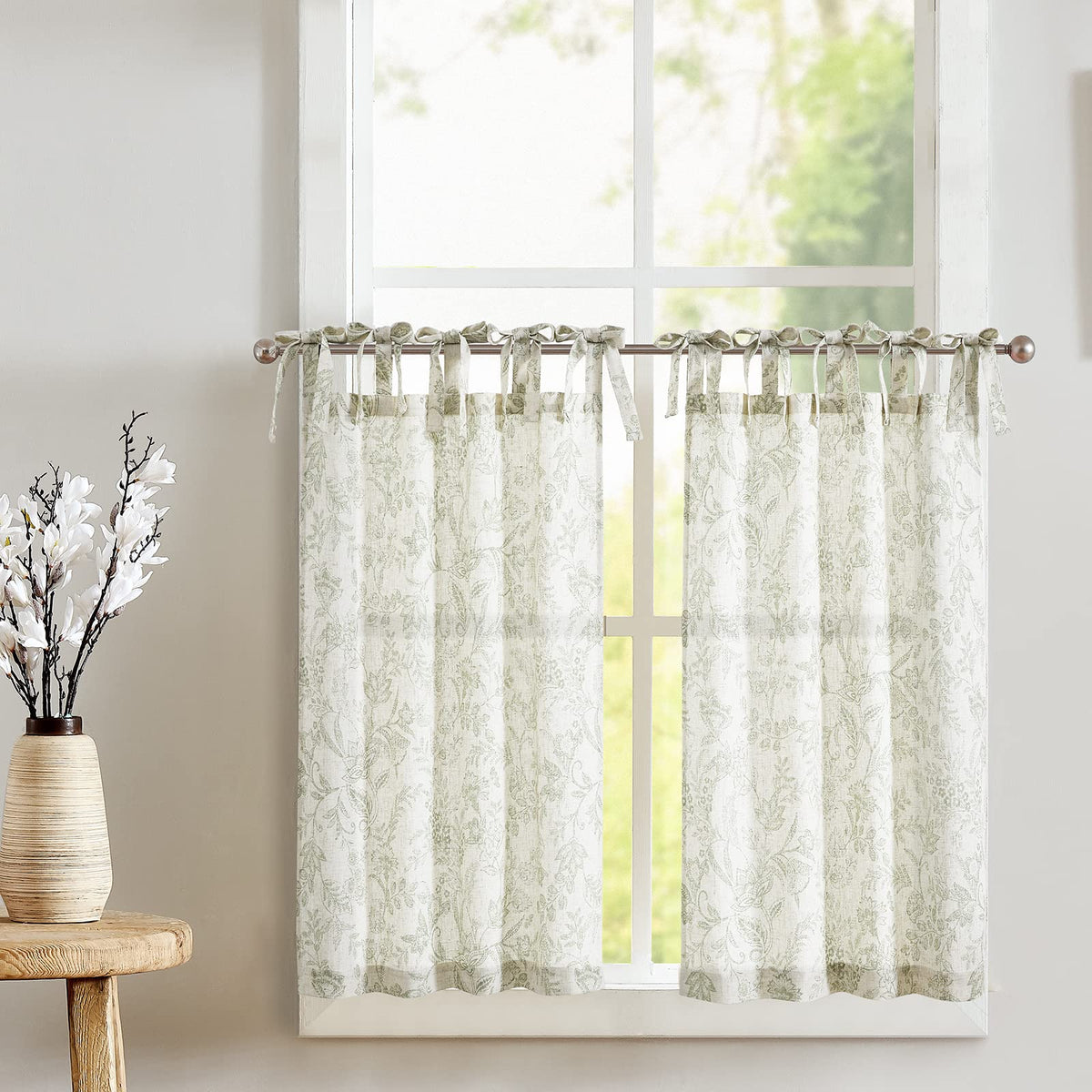 jinchan Solid Linen Kitchen Tier Curtains 24 Inches Tie Top 2 Panles Crude