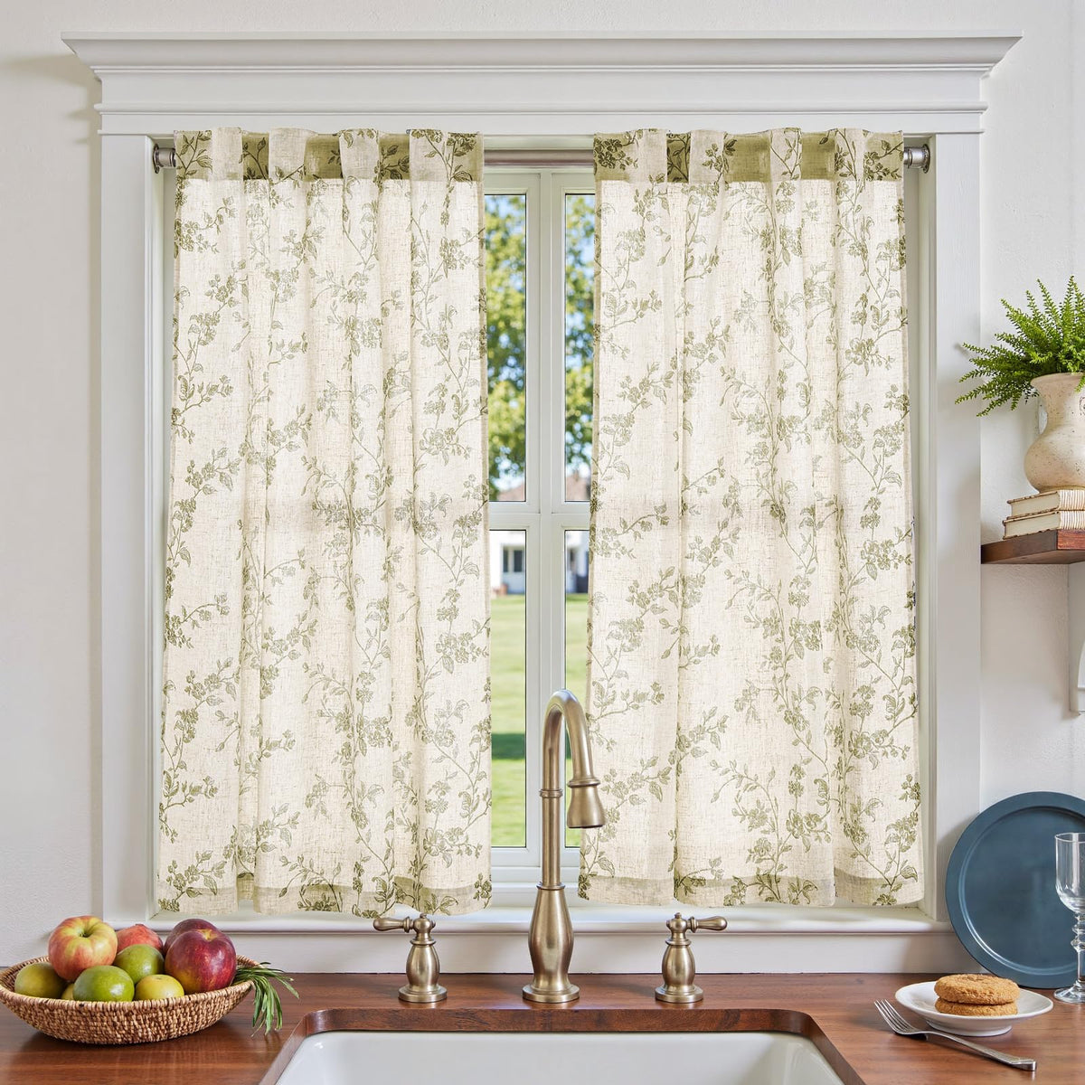 jinchan Floral Linen Kitchen Tier Curtains, 36 Inch, 2 Panels, Taupe