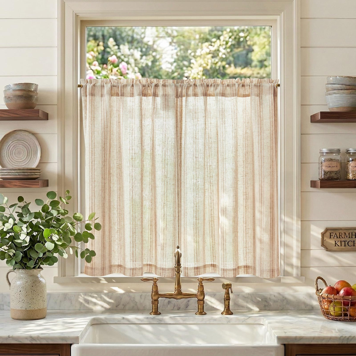 jinchan Linen Striped Tier Curtains for Kitchen Windows Farmhouse