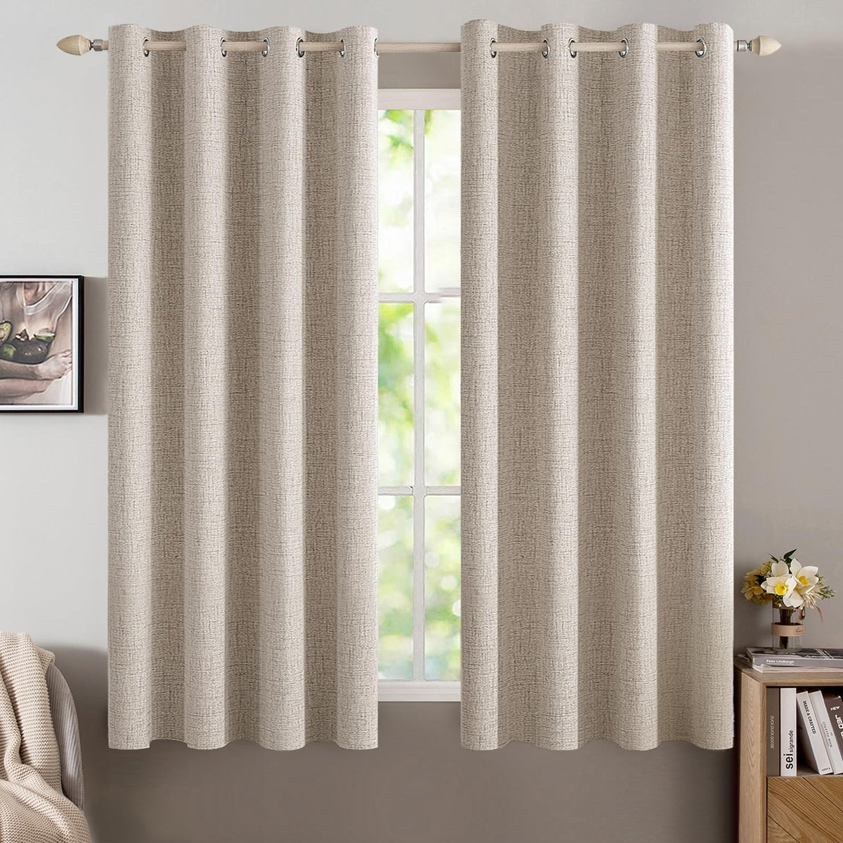 MIULEE 100% Blackout Linen Curtains for Bedroom 52x54 Inches Natural Beige